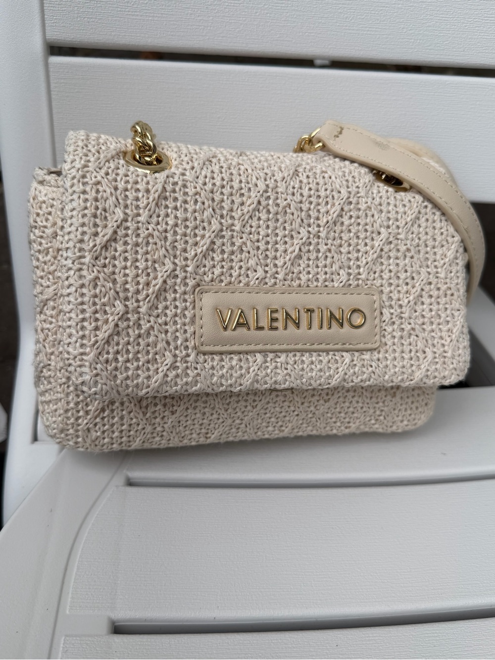 Valentino Cream Crochet Crossbody with Gold Hardware